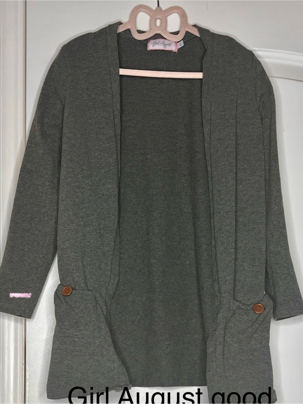 Girl August Olive Green Open-Front Cardigan with Buttoned Pockets size 8